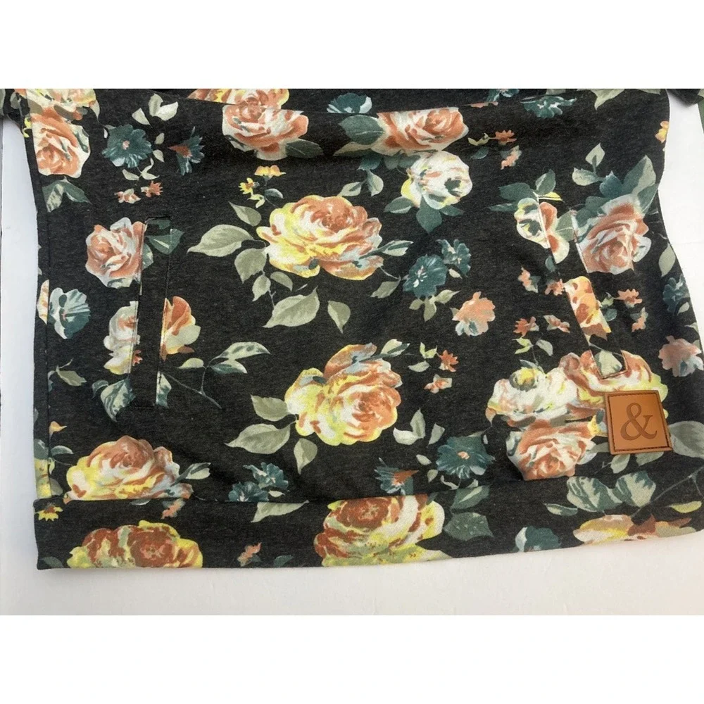 Ampersand Avenue Women S Black Floral Long Sleeves Double Hood Sweatshirt Pocket